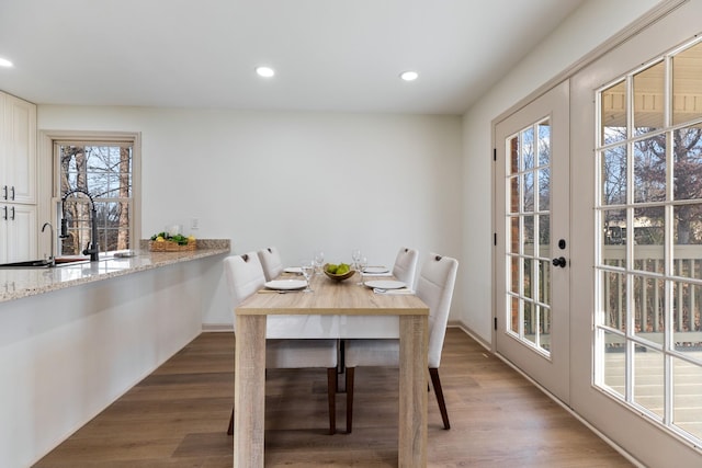 dining area featuring dark hardwood / wood-style floors and sink