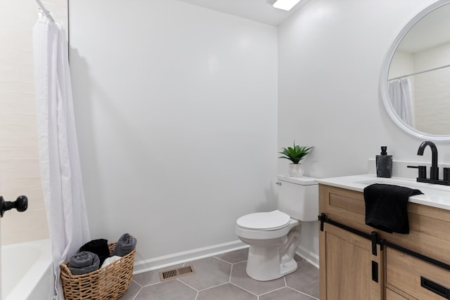 full bathroom with tile patterned flooring, vanity, toilet, and shower / bathtub combination with curtain