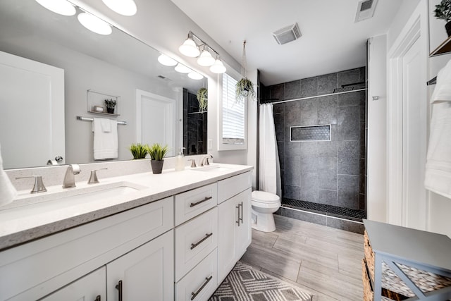 bathroom featuring vanity, toilet, and walk in shower