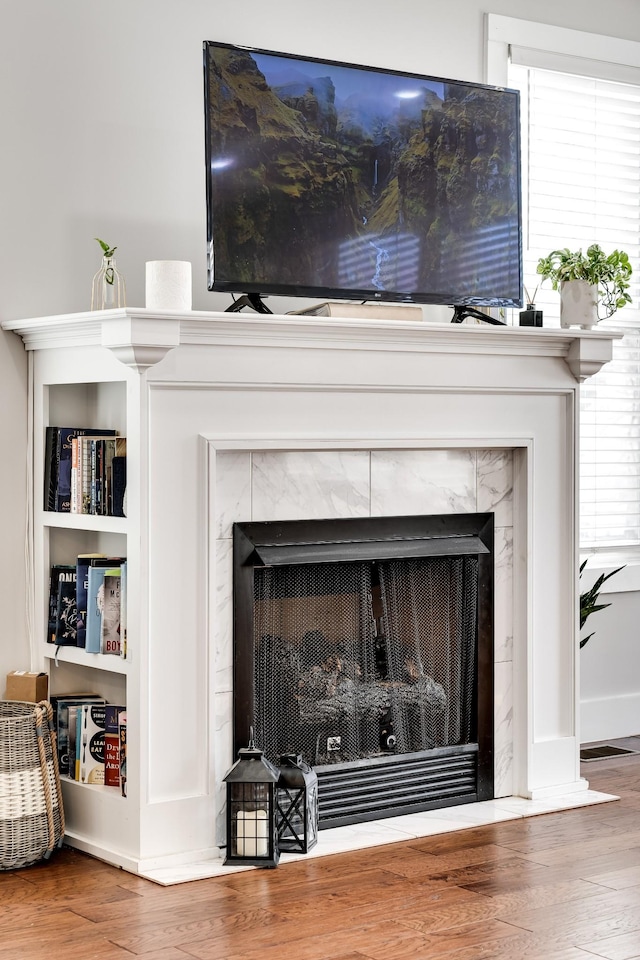 room details with hardwood / wood-style floors and a fireplace