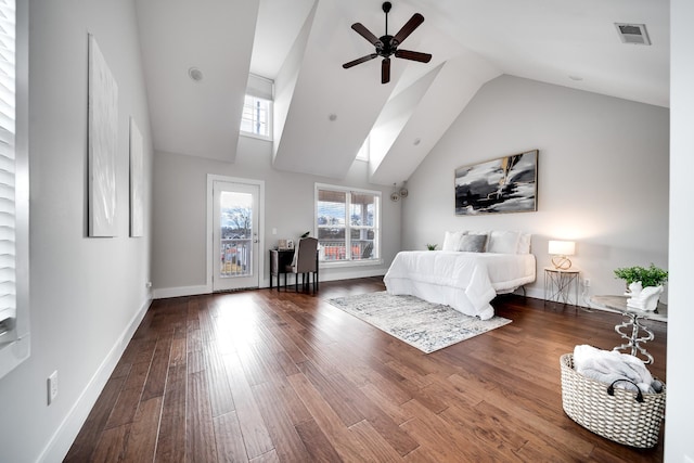 bedroom featuring access to outside, ceiling fan, high vaulted ceiling, and hardwood / wood-style flooring