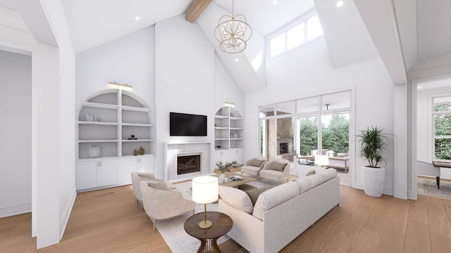 living room with beamed ceiling, high vaulted ceiling, an inviting chandelier, and light wood-type flooring