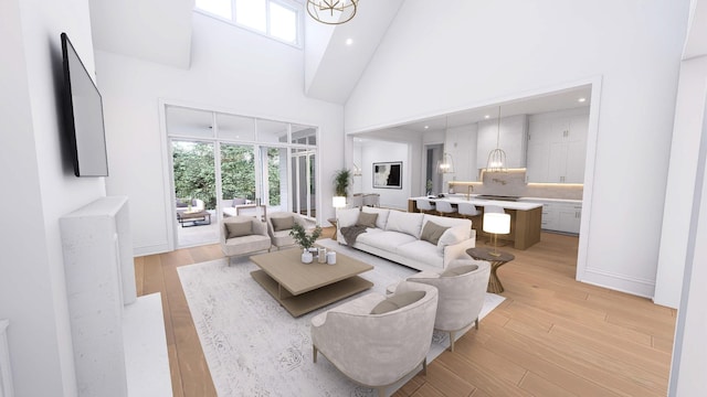 living room with a high ceiling and light wood-type flooring