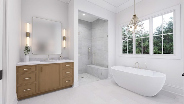 bathroom with independent shower and bath, vanity, and a notable chandelier