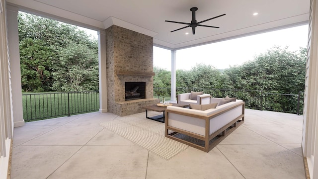 view of patio / terrace with an outdoor living space with a fireplace and ceiling fan