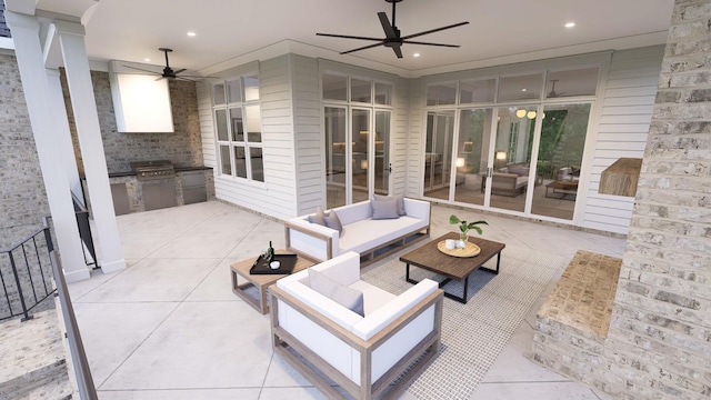 view of patio / terrace featuring ceiling fan, outdoor lounge area, and exterior kitchen