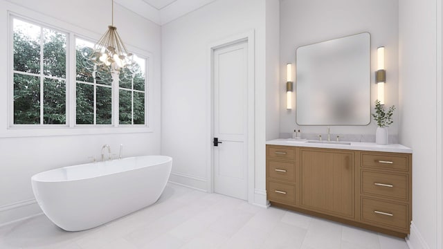 bathroom featuring vanity, a bath, and a chandelier