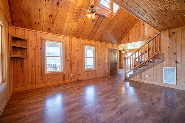 unfurnished living room featuring wood ceiling, ceiling fan, and hardwood / wood-style flooring