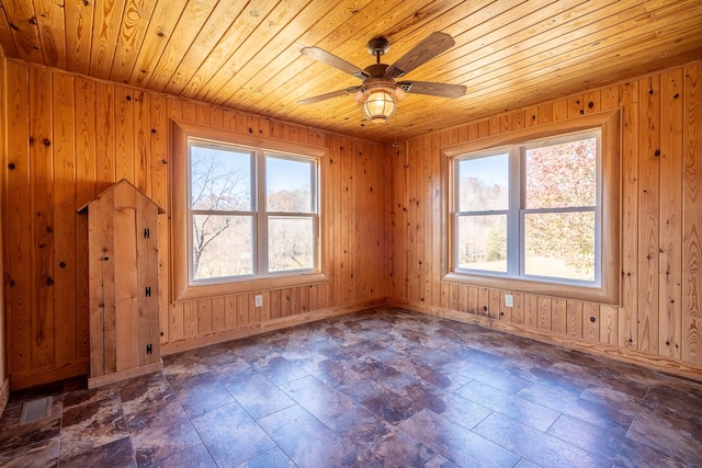 unfurnished room featuring ceiling fan, wood ceiling, and a healthy amount of sunlight