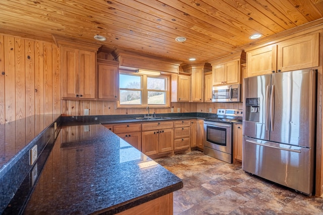 kitchen with appliances with stainless steel finishes, wooden walls, sink, dark stone countertops, and wooden ceiling