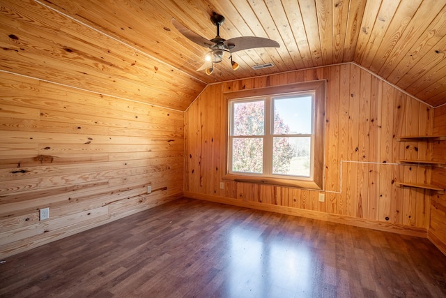 bonus room with lofted ceiling, wood ceiling, wood-type flooring, and ceiling fan