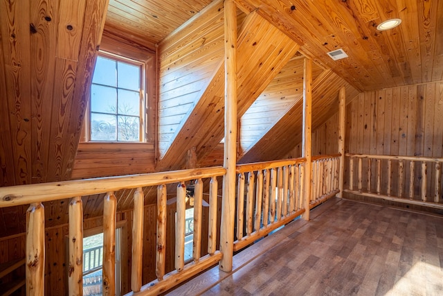 bonus room featuring hardwood / wood-style floors, wood ceiling, and wood walls