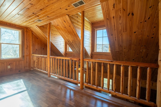 bonus room with lofted ceiling, wooden walls, and wooden ceiling