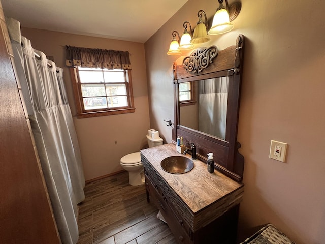 bathroom featuring vanity, wood-type flooring, and toilet