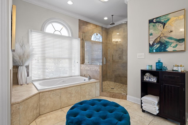 bathroom with shower with separate bathtub, tile patterned floors, and crown molding