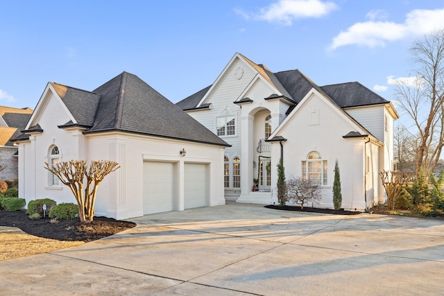 french country inspired facade with french doors and a garage