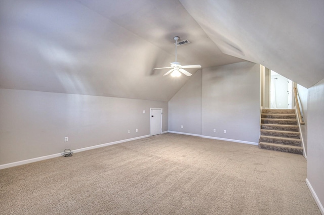 bonus room with carpet, ceiling fan, and vaulted ceiling