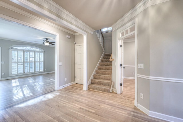 stairs featuring ceiling fan, crown molding, and wood-type flooring