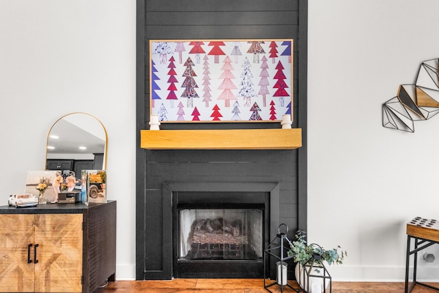 interior details with hardwood / wood-style floors and a large fireplace