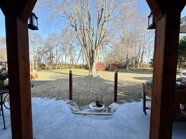 view of yard with a patio area and a storage unit