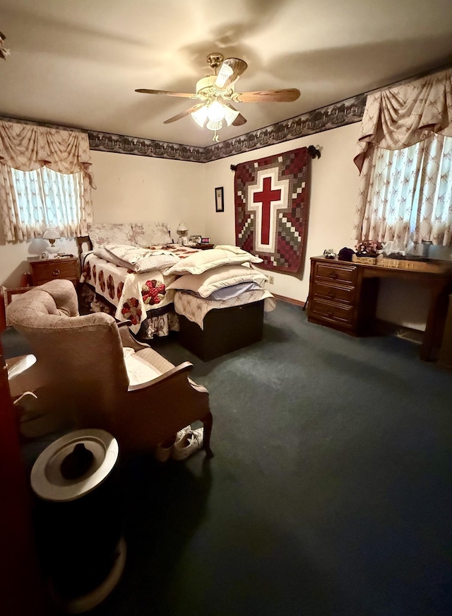 bedroom featuring carpet and ceiling fan