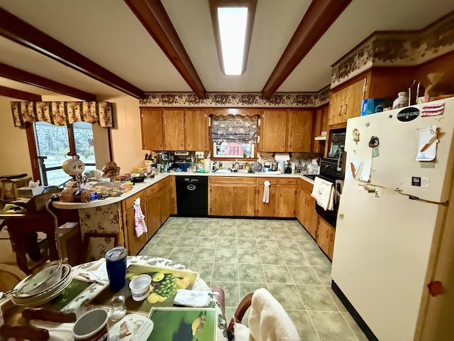 kitchen with sink, light tile patterned floors, white refrigerator, beamed ceiling, and dishwasher