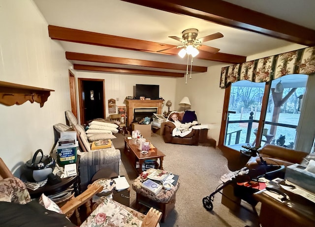 carpeted living room with beam ceiling and ceiling fan