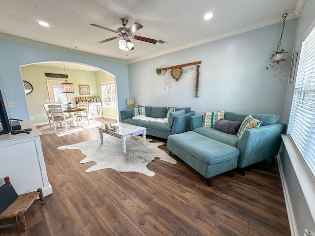 living room featuring a textured ceiling, ceiling fan, dark hardwood / wood-style flooring, and crown molding