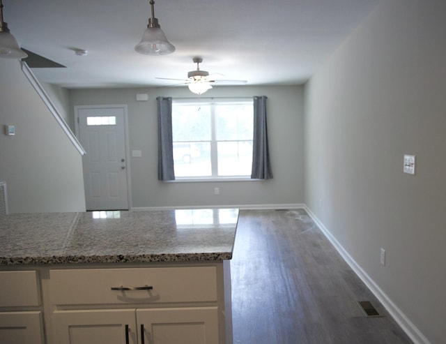 interior space featuring light stone counters, ceiling fan, pendant lighting, and dark hardwood / wood-style floors