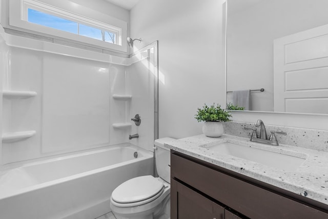 full bathroom with vanity, toilet, and bathing tub / shower combination