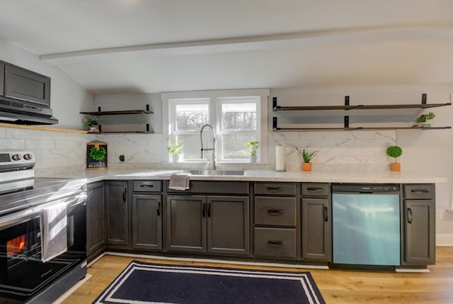 kitchen featuring sink, stainless steel appliances, light hardwood / wood-style flooring, range hood, and backsplash