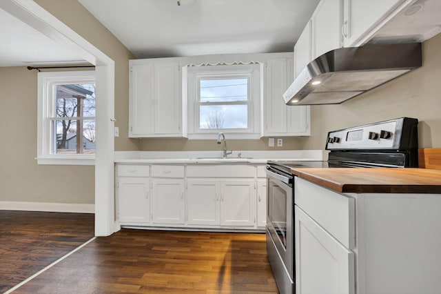 kitchen featuring stainless steel range with electric cooktop, wooden counters, sink, dark hardwood / wood-style floors, and white cabinetry