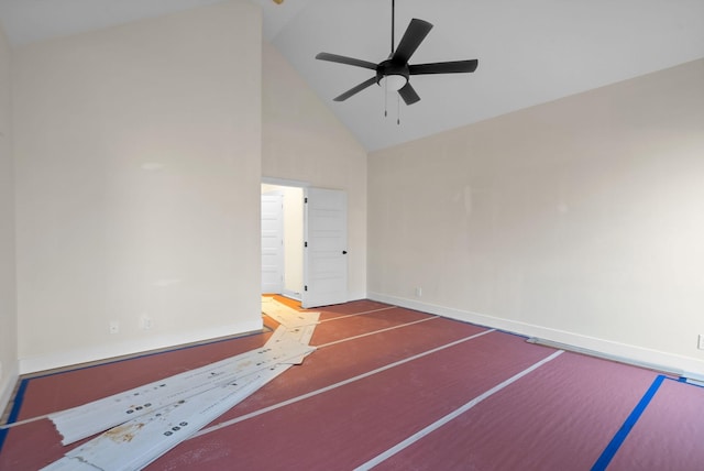 interior space featuring high vaulted ceiling and ceiling fan