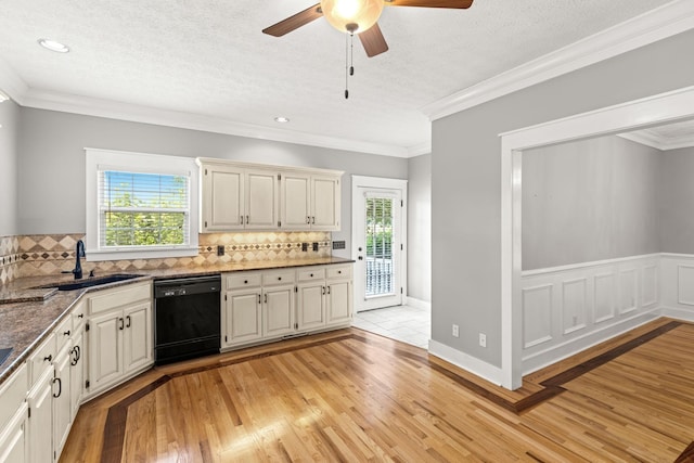 kitchen with light wood-type flooring, black dishwasher, a wealth of natural light, and sink