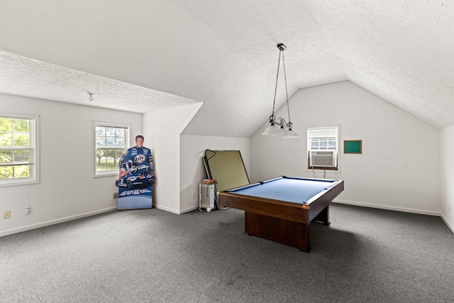 game room with a textured ceiling, carpet floors, and pool table