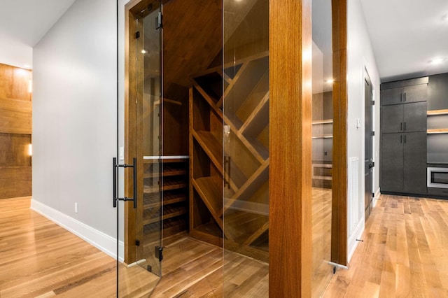 wine cellar featuring hardwood / wood-style flooring