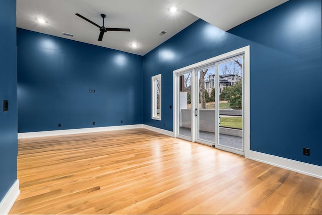 empty room with light wood-type flooring and ceiling fan