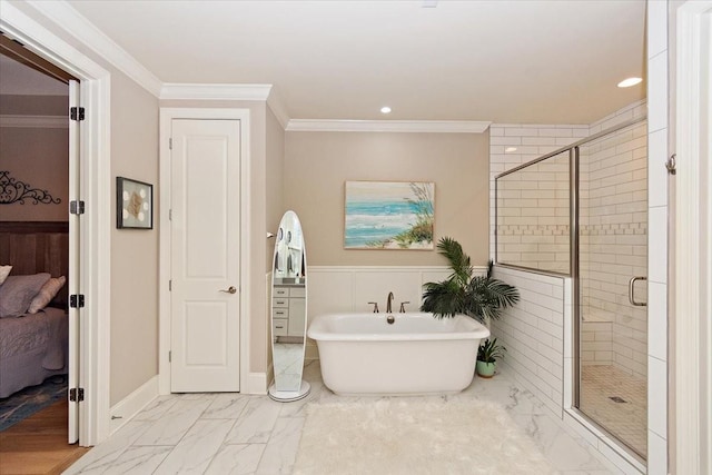 bathroom featuring independent shower and bath and ornamental molding