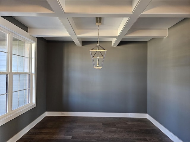 unfurnished dining area with dark wood-type flooring, coffered ceiling, and beamed ceiling