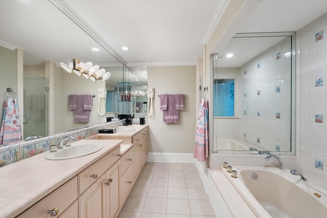 full bath featuring tile patterned floors, a garden tub, crown molding, vanity, and a shower stall