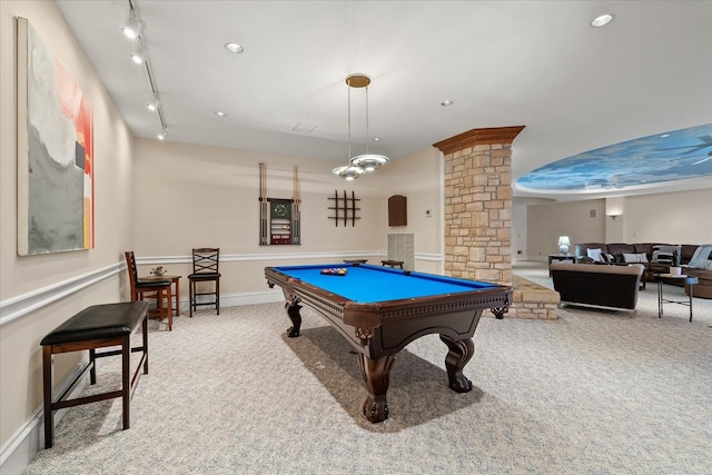 rec room with carpet, recessed lighting, ornate columns, track lighting, and baseboards