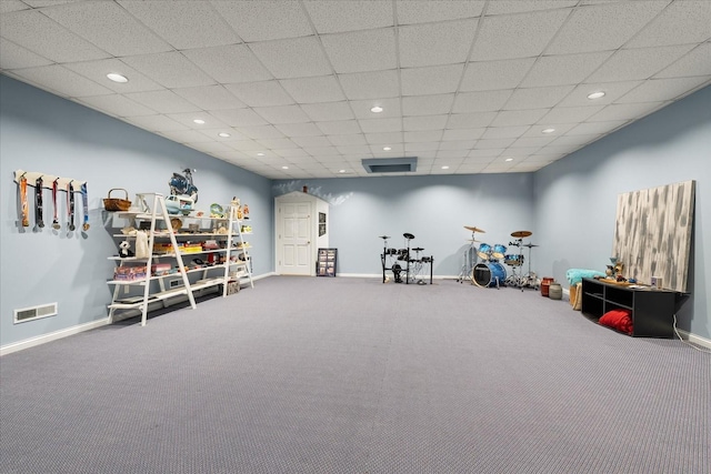 game room with carpet floors, baseboards, arched walkways, and recessed lighting