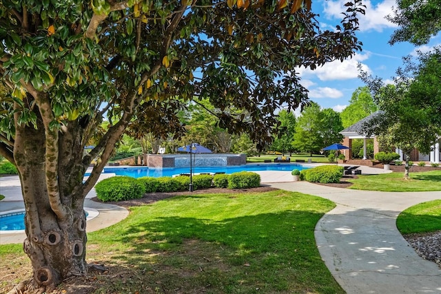 view of property's community featuring a yard and a swimming pool