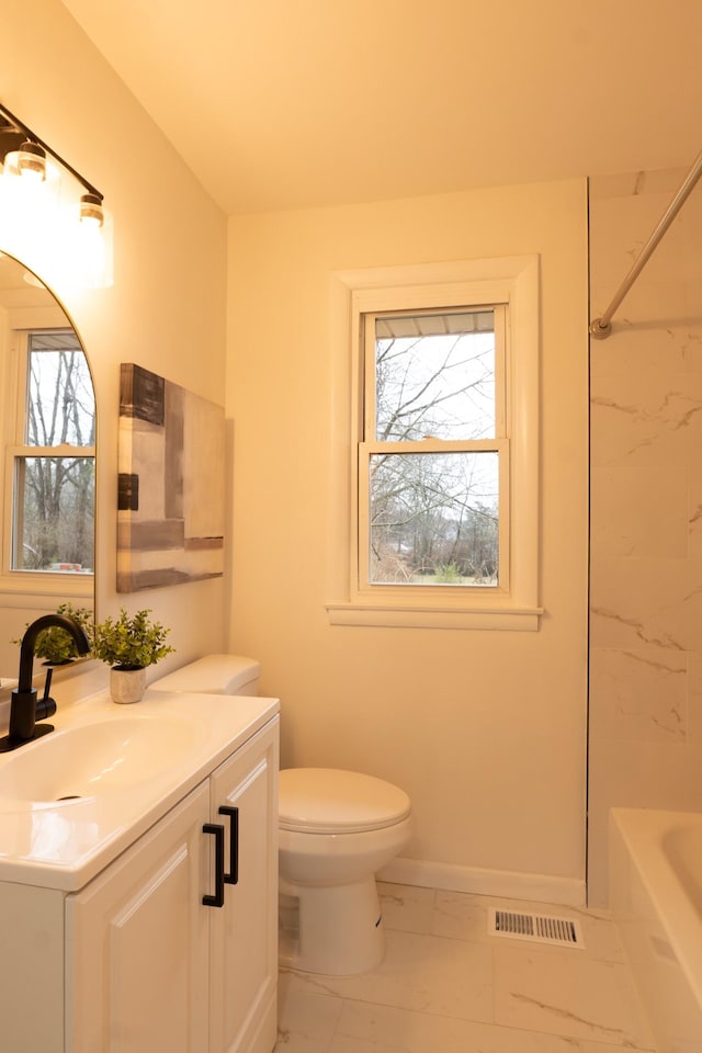 full bathroom featuring vanity, independent shower and bath, and toilet