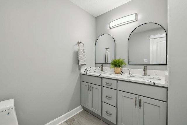 bathroom with hardwood / wood-style flooring, vanity, and toilet