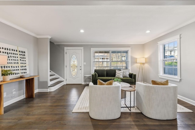 living room with ornamental molding and dark wood-type flooring