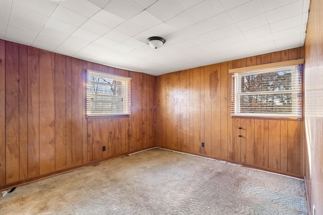 carpeted spare room featuring wooden walls