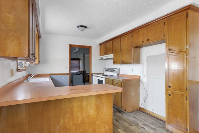 kitchen with electric range, sink, kitchen peninsula, light hardwood / wood-style floors, and a textured ceiling