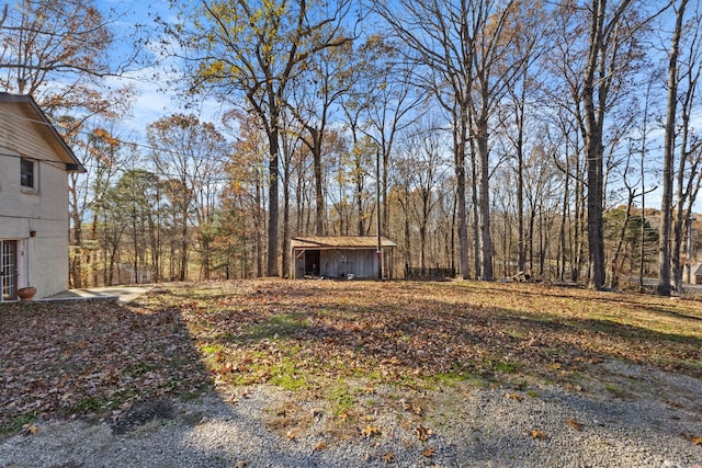 view of yard featuring a storage shed