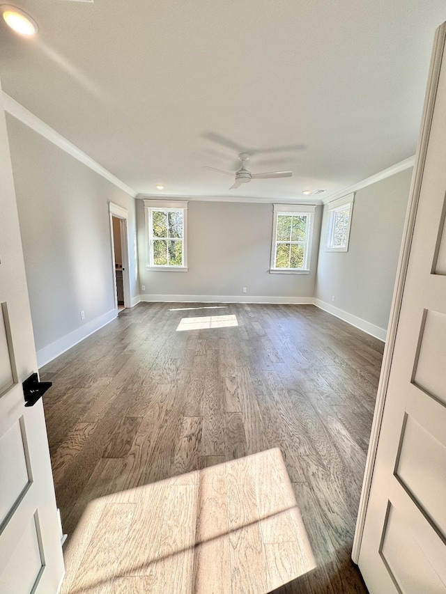 spare room featuring ceiling fan, crown molding, and dark hardwood / wood-style floors